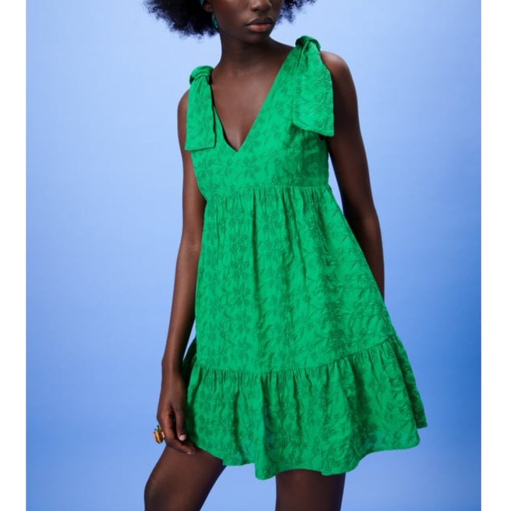 Zara green embroidered V neck dress/romper